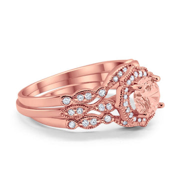Three Piece Engagement Ring Band Simulated Morganite CZ Rose Tone 925 Sterling Silver